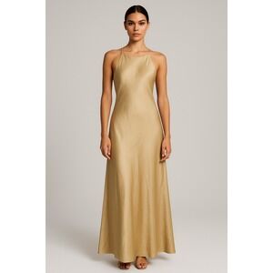Hampton Nites Vintage 90s Y2k Satin Slip Maxi‎ Dress Gold Spaghetti Strap Formal